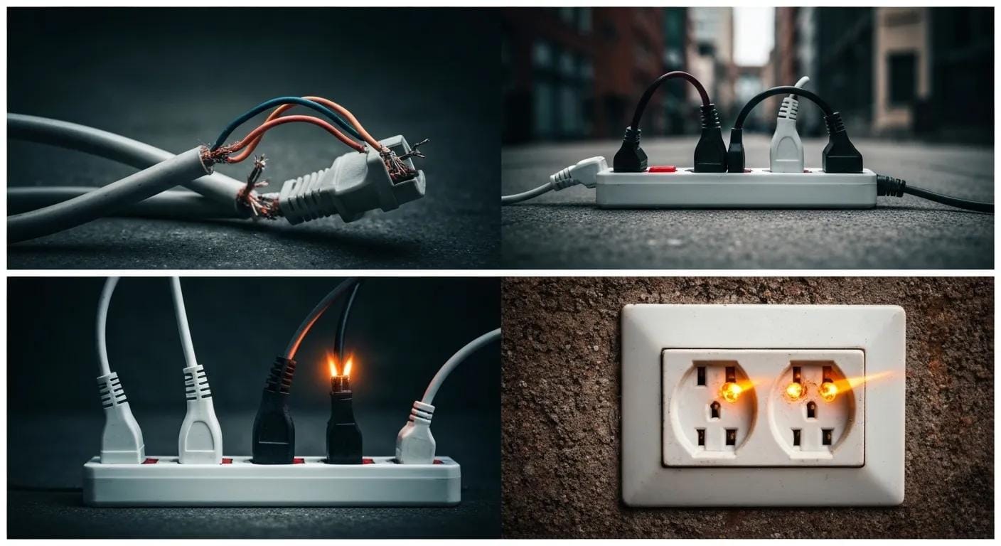 A collage of common electrical hazards: frayed appliance cords, an overloaded power strip, and a worn-out electrical outlet
