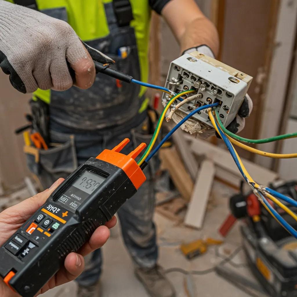 Electrician inspecting outdated wiring at a renovation site, emphasizing common electrical hazards