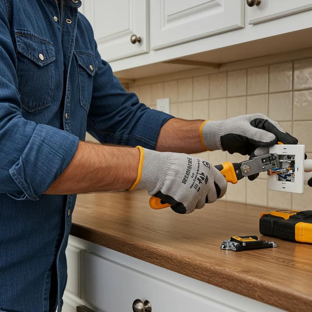 A homeowner carefully installing a GFCI outlet in a kitchen, emphasizing the importance of electrical safety upgrades
