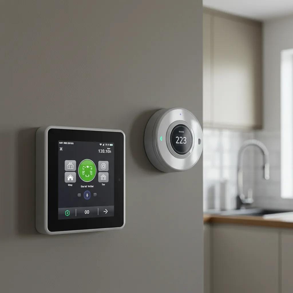 Modern kitchen with smart home technology and energy-efficient appliances demonstrating energy savings