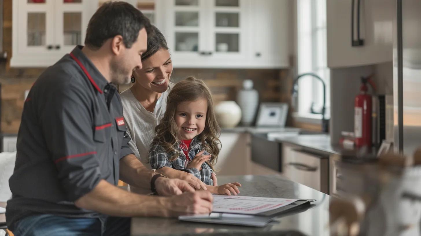Electrician in Dr. Electric CSRA uniform reviews Home Safety Assessment with female/mother homeowner while happy child plays in background
