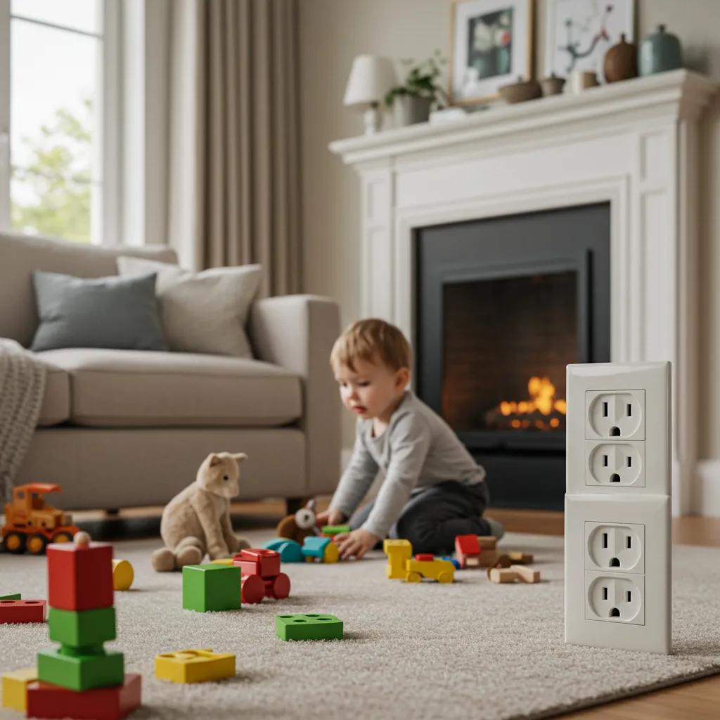 Neatly secured electrical cords in a child-friendly living space with a toddler playing safely